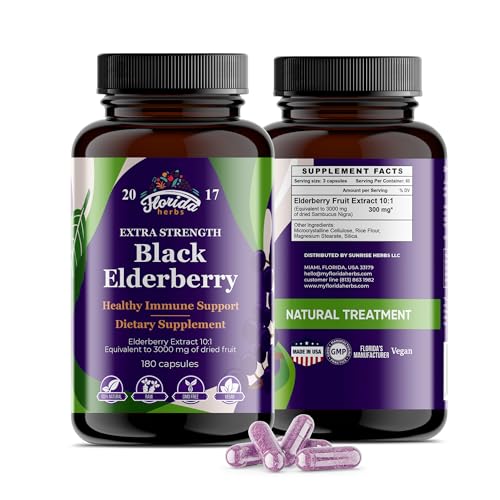 FLORIDA HERBS Black Elderberry Capsules | 180 Count | Sambucus Elderberry Vitamins Non-GMO Gluten Free Organic Elderberry Extract Sambucus Nigra