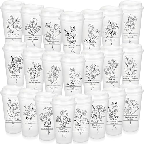 LemonRoad 22 Pcs Housekeeping Week Gifts Thank You Cups with Lids Employee Appreciation Gifts 16 oz Reusable Inspirational Plastic Tumblers Travel Mug Bulk for Nurse Coworker Teacher Team(White)