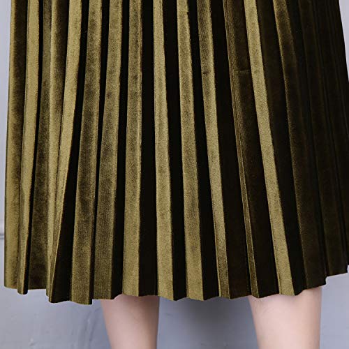 Nadalan Women's Gold Velvet Pleated Long Skirt Dark Green #TOP4