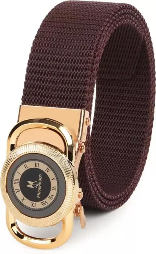 Men's Brown Nylon Belt with Gold Roman Numeral Clock Buckle, Casual Dress Belt-picture-15