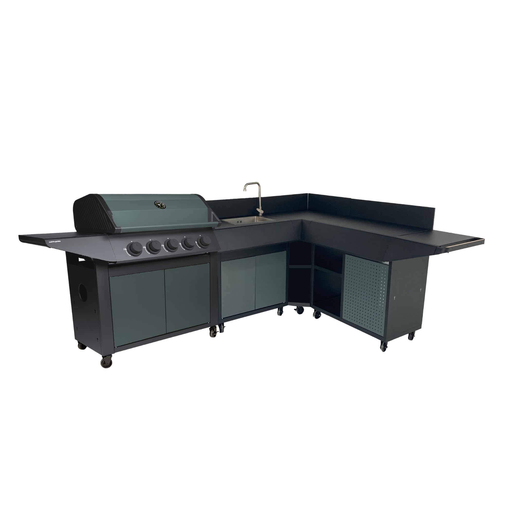 Cook'in Garden - Cucina Esterna Gas BURN, Barbecue Modulabile con Angolo, 5 fuochi, Diverse configurazioni possibili, Destra, Angolo Sinistro o Destro, Rotelle Multidirezionali