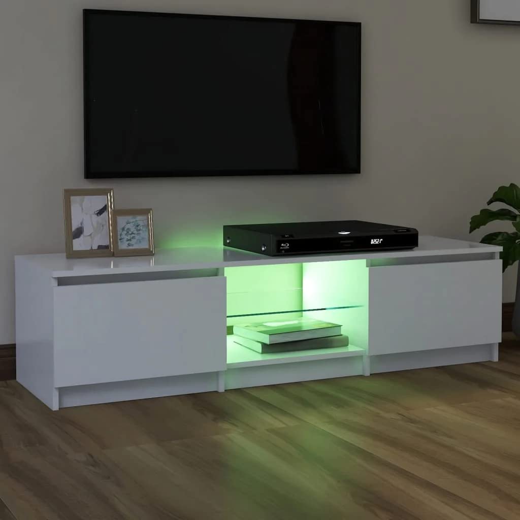 vidaXL Meuble TV avec éclairage LED, Gris béton, 120x30x36 cm, Panneaux de Bois & Verre trempé, Support TV Jusqu’à 50", Buffet Bas avec étagères, Meuble Moderne de Salon