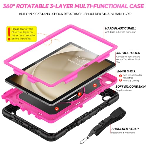SIBEITU Galaxy Tab A9+ Case 11 Inch 2023 | Case for Samsung Galaxy Tab A9 Plus with Screen Protector| Rugged Full-Body Drop Protective Tab A9+ Cover w/Stand Hand Grip Shoulder Strap| Rose Red