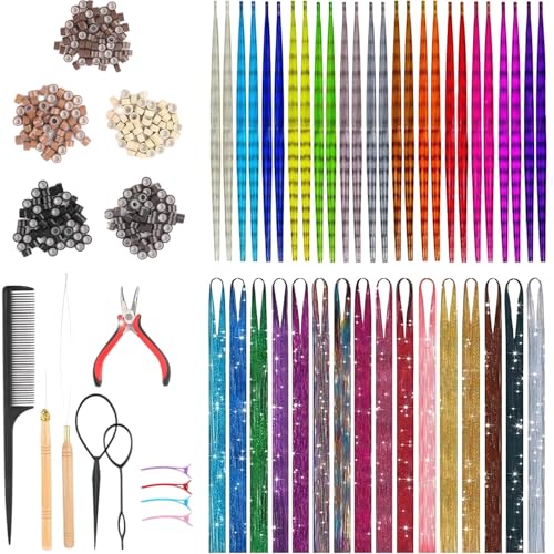 GWAWG Kit de 29 Couleurs Paillettes pour Cheveux,Kit Extension de Cheveux Colorés et Extensions de Cheveux Plumes,Extensions de Cheveux de 130 cm avec Outils,Faux...