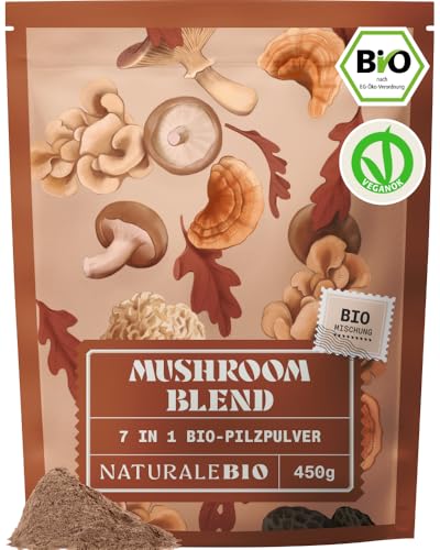 NaturaleBio Mushroom Powder 450g. 7 Vitalpilze Bio. Reishi Löwenmähne Chaga Maitake Cordyceps Shiitake Tremella. Vegan Glutenfrei und ohne GMO. Verbessert die Energie und kognitive Funktionen