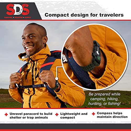 Sds Survival Paracord Bracelet - 2Pk Green Emergency Whistle Hiking Compass Camping Fire Starter Kit Tactical Bracelet #TOP4