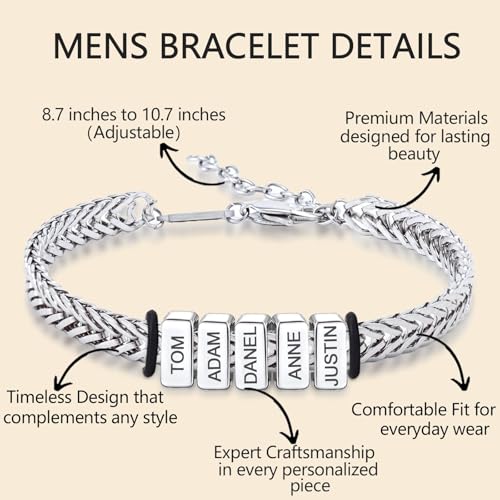 Personalized Mens Bracelet with 1-8 Custom Beads,Customized Stainless Steel Bracelet Adjustable Franco Chain Bracelet Birthday Gifts for Husband Boyfriend (01-Bracelet with 1-8 Kids Name)3