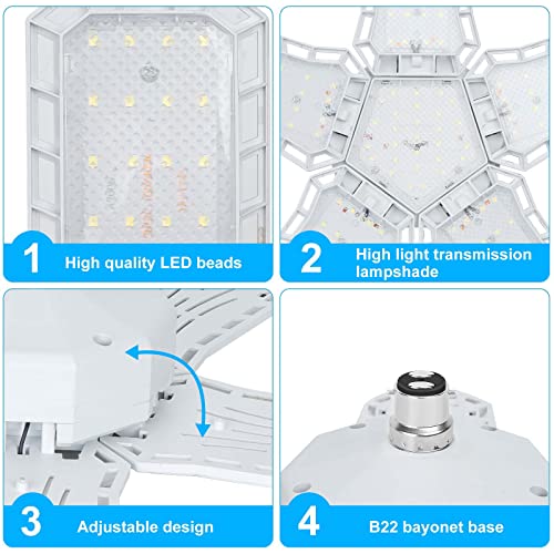 HZSANUE B22 Bayonet LED Garage Light 80W, 3500K Warm White 9000Lm Deformable Workshop Lamp with 5 Adjustable Panels - Image 3