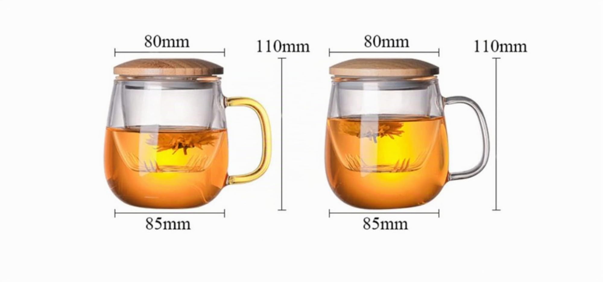 Tasse à thé résistant à la chaleur avec poignée transparente et couvercle en bambou-Tasse avec filtre et couvercle-425 ml-Tasse à thé en verre résistant à la chaleur