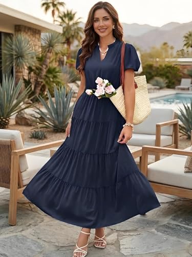 Image of ECOWISH Summer Maxi Dress for Women Casual Flowy V Neck Short Sleeve A Line Empire Waist Tiered Long Dresses with Pockets