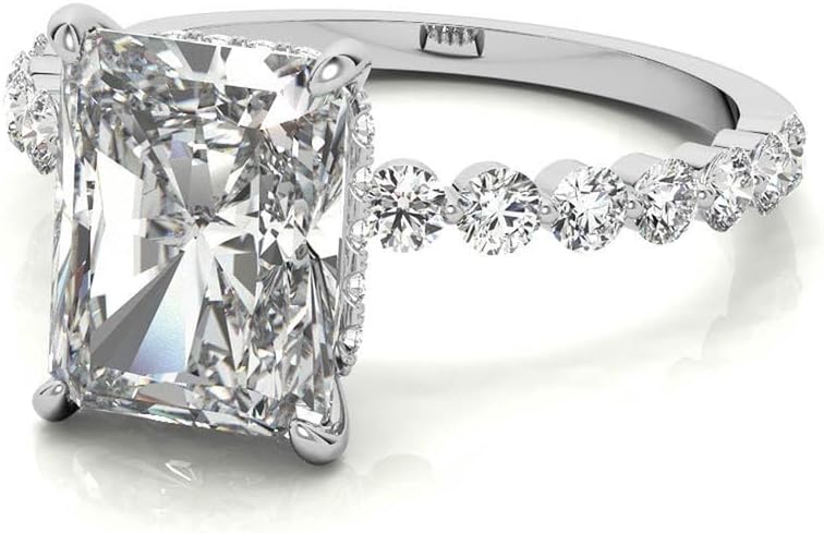 Radiant Cut Moissanite Solitaire Engagement Ring | 925 Sterling Silver White Gold Plated | Floating Pave Band Bridal Jewelry for Women