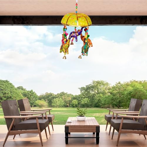 Image of Rajasthani Multicolor Elephants Jhoomer with Bell - Decorative Wind Chimes for Door & Wall Hanging, Ideal Home Decor & Gift Showpiece (Yellow)
