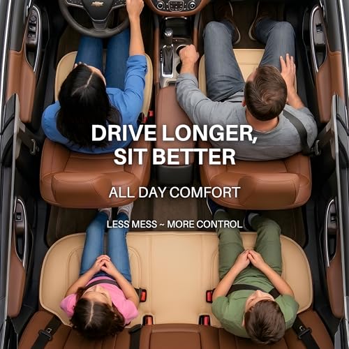 Image of Padded Car Seat Covers Full Set with Storage Organizer, Anti Slip Car Seat Cushions Protector Mat Set, Breathable Leather Pillow Cover for Cars, Accessories for Driver, Passenger & Rear Seats (Beige)