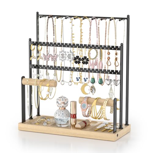 Amawarm Jewelry Holder Organizer, 13.38" Jewelry Organizer with Wooden Tray, 5-Tier Metal Jewelry Stand with 20 Necklace Hooks; 46 Earring Holes; 2 Bracelet Holders and Ring Tray, Black