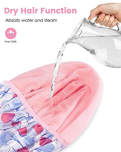 Auban Shower Cap, Shower Cap for Women Terry Cloth Lined EVA Exterior Reusable Double Layer Waterproof, Large Bath Hair Cap, Hotel Travel Essentials Accessories Cleaning Supplies (Flower)