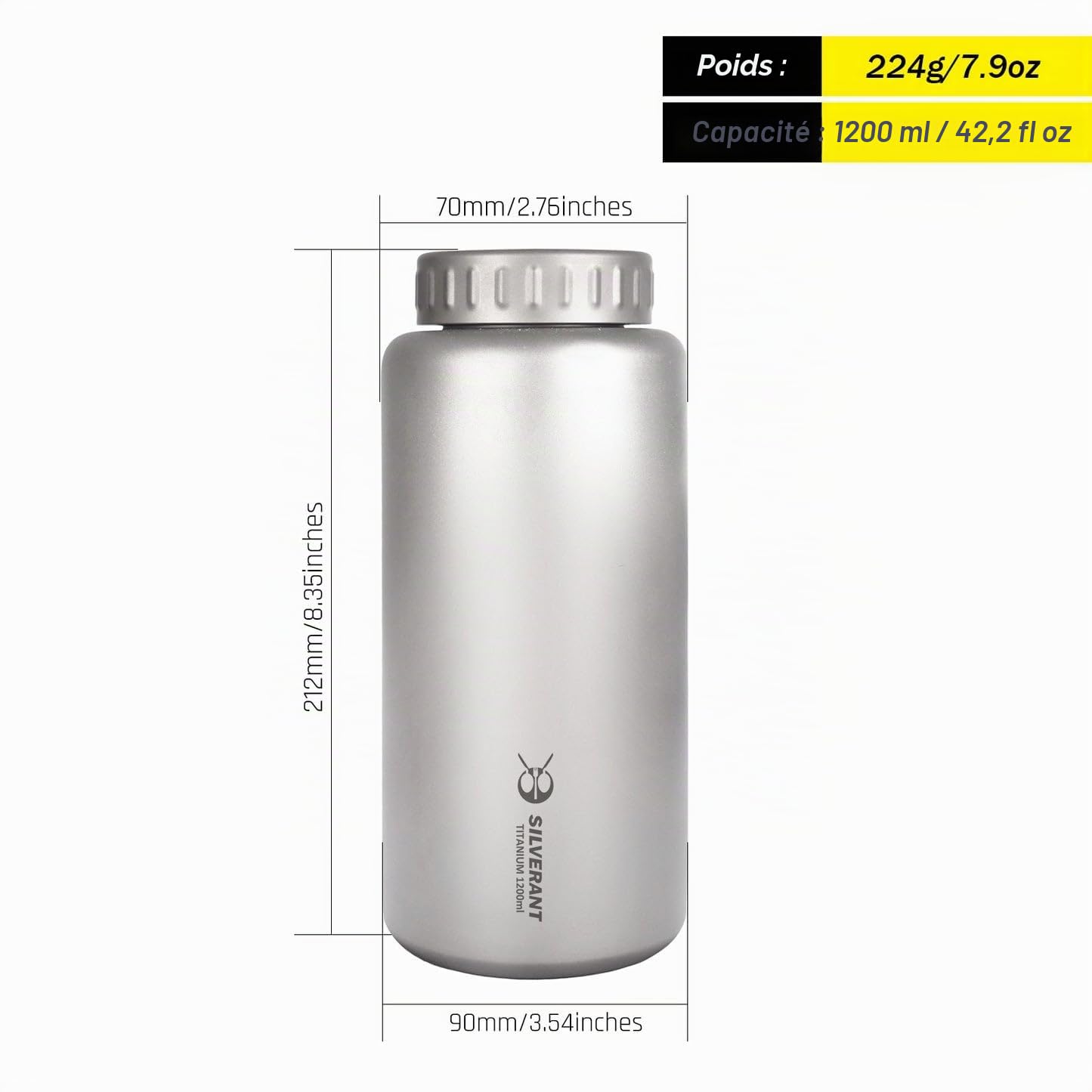 SILVERANT Bouteille d'eau en titane - Grande capacité (1200 ml - Large ouverture)