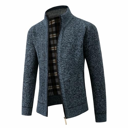 Autumn Winter Men's Stand Collar Fleece Lined Thick Knit Cardigan3