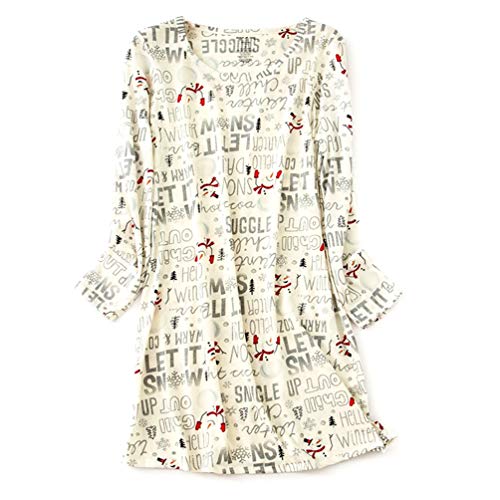 ENJOYNIGHT Women's Cotton Sleepwear Long Sleeves Nightgown Print Tee Sleep Dress (X-Large, Snow)