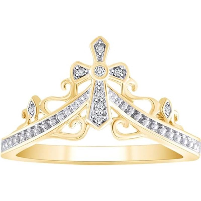 Created Round Cut White Diamond 925 Sterling Silver 14K Gold Finish Cross Queen Crown Band Ring Wedding Gift for Women