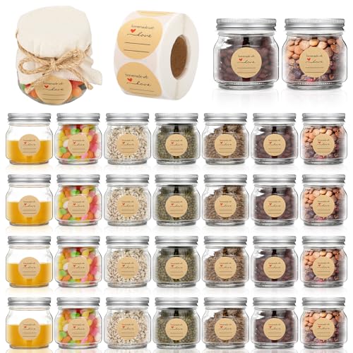 Blushtier 30 Pack Mason Jars 8 oz with Lids and Bands,Regular Mouth Small Glass Canning Jars with 500 Labels and 30 Burlaps for Jam,Honey,Jelly,Spice,Wedding Favors,Kitchen Food Storage