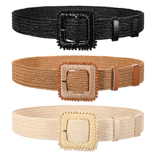 3 Pack Straw Woven Stretch Belt for Women,Raffia Elastic Belt for Dress Wide Boho Waist Belt with Square Buckle
