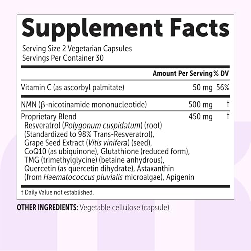 Image of NMN Complex 1,000mg Per Serving, 60 Veggie Capsules | 10-in-1 with Nicotinamide Mononucleotide, Vitamin C, Resveratrol, CoQ10, TMG, Quercetin, & Glutathione | NAD+ Supplement Precursor | Filler Free