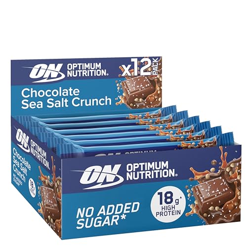 Optimum Nutrition Barras de Proteínas Chocolate Crujiente y Sal Marina, Para Llevar, Snack para Gimnasio Pre y Post Entrenamiento Hombres y Mujeres, Snacks Saludables Sin Azúcares Añadidos, 12 x 55 g