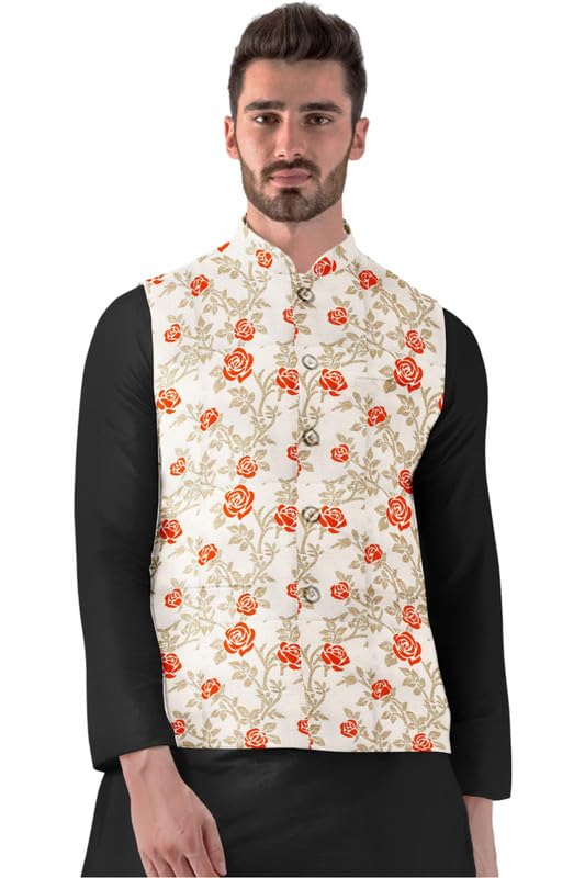 Men's Jacquard Printed Full Sleeve Waistcoat (Orange-Beige, 40)-PID53492-picture-23
