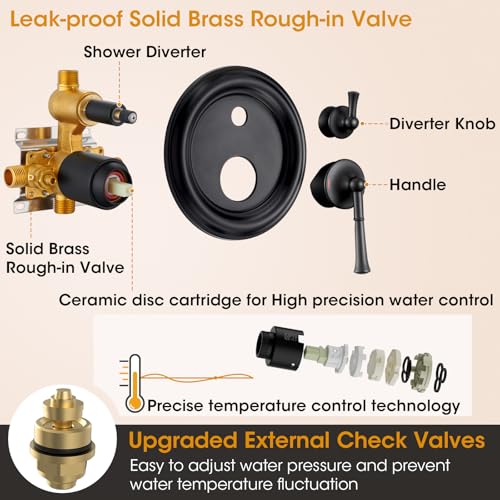 Image of Antique Rain Shower Head with Handheld Spray, Matte Black Rain Shower System with Rough-in Balance Pressure Valve, 9 inch Bathroom Luxury Rain Fall Shower Head Wall Mount Round, (B2312-BK)