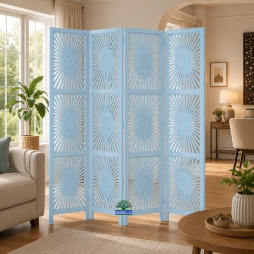 Image of Wooden Room Divider Partition for Living Room | Foldable 4 Panel Decorative Privacy Screen Separator for Home, Office & Bedroom | Modern (Light Blue)