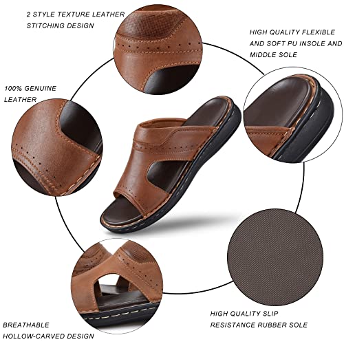 FIEEIF Men's Leather Slides Open Toe Outdoor Slippers Comfort Arch Support Retro Casual Flip Flops Summer Fisherman Slip On Sandals for Men3