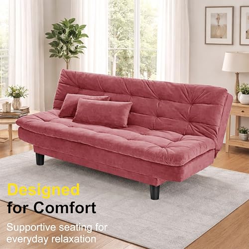 Image of Modern 3 Seater Sofa Cum Bed with Cushions, Foldable Convertible Couch, Velvet Fabric Sleeper Sofa for Living Room, Guest Room, Rose Pink