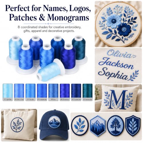 Image of Simthread 8 Shades 550Yds Each 40WT Polyester Embroidery Thread Blue Set | 8-shade blue set with 550Yds each offers smooth 40WT polyester thread for home and commercial embroidery machines.
