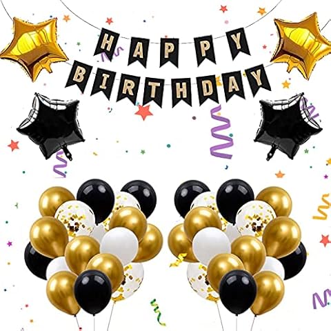 Birthday Decoration for Women Men, Black and Gold Happy Birthday Banner with Heart Star Foil Confetti Balloons and Balloon Ribbon for Party Decorations (46PCS) Cover