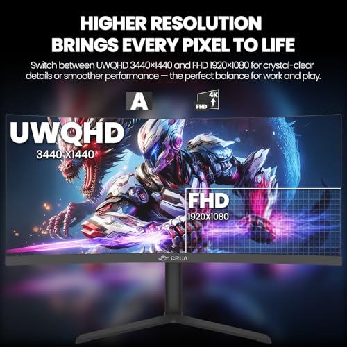 Image of CRUA 34 inchWQHD 165Hz Ultrawide Curved Gaming Monitor, Height Adjustable Black | 3440x1440 VA, 120%sRGB, 3800R, FreeSync, Built-In Speakers, HDMI 2.0 /DP 1.4 and 100x100mm Wall Mount for Gaming and Work