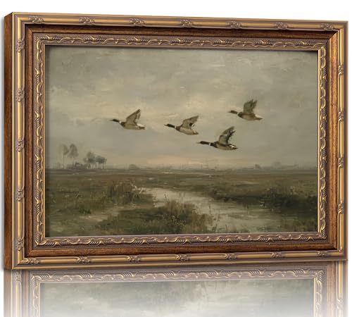 Vintage Gold Framed Flying Duck Wall Art Mallard Duck Canvas Wall Decor Rustic Mallard Poster Artwork Retro Rustic Farmhouse Animal Picture for Home Living Bedroom Farmhouse Hallway 9x11in