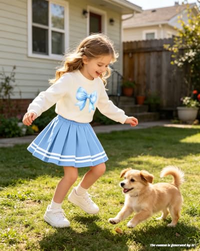 Image of Betusline Girls Skirt Set JK School Uniform 2-Piece Outfit - Short Sleeve & Webbing Solid Skirt,4-14Y