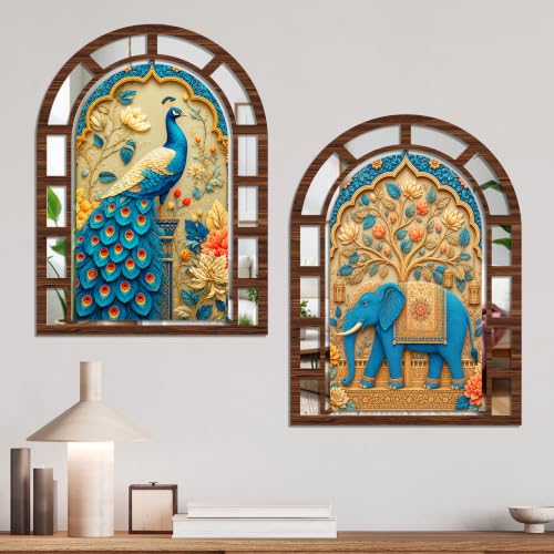Image of Artvibes Peacock & Royal Elephant Theme Wall Art Decor | Decorative Wall Jharokha Mirror for Living Room, Hall, Bedroom, Foyer, Office & Dining Room | Gift for Mom & Dad (WH 12035N), Set of 2