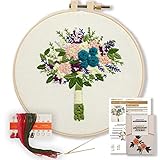 Akacraft Unfinished Embroidery Starter Kit, Cotton Fibric with Water Soluble Pattern, 6 inch Plastic Embroidery Hoop, Color Threads, and Needles, Handy Bouquet Series-Mixed Flowers