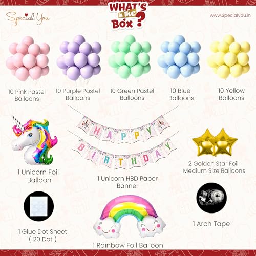 Image of SpecialYou.in Unicorn Theme Birthday Decoration Kit For Girls With Pastel Pink, Purple, Yellow, Blue, Green Balloons, Rainbow & Unicorn Foil Balloon For Birthday Decoration Items For Baby Girl- 57 Pcs