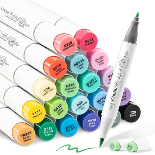 Image of Ohuhu Alcohol Markers Brush Tip,Double Tipped Alcohol Based Art Marker Set for Artist Sketching Adult Coloring Illustration-24 Basic Colors w / 1 Colorless Blender-Brush & Fine-Honolulu B,Multicolor