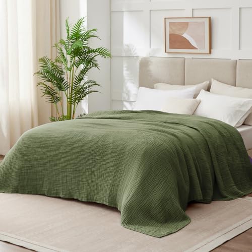100% Cotton Muslin Blanket Large 50" x 70", Breathable and Lightweight Cotton Throw Blankets for Bed and Couch, Soft Cooling Summer Gauze Blanket for Adults All Season, Olive Green