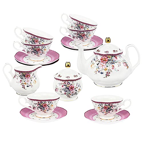 fanquare 21 Piezas Juego de Té de Porcelana con Flores Rosa, Juego de Café Ceramica Real para 6 Personas, Juego de Tazas…