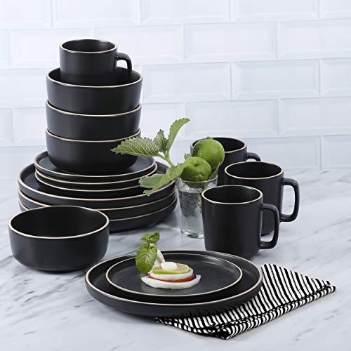 Image of Gibson Home Zuma 16 Piece Round Kitchen Dinnerware Set, Dishes, Plates, Bowls, Mugs, Service for 4, Matte Stoneware, Black