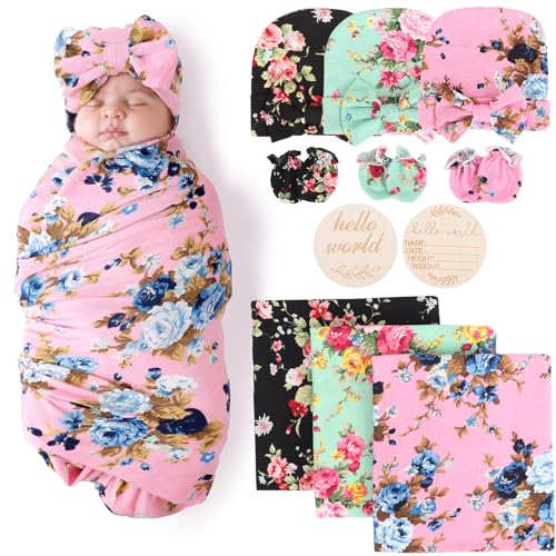 Image of AQOKKA Baby Swaddle Blankets with Bow Hat Headband Set Infant Receiving Blankets Swaddles for Newborns Unisex Toddler Swaddle Wrap Sets for Baby Girls Boys Nursery Warm Shower Gift