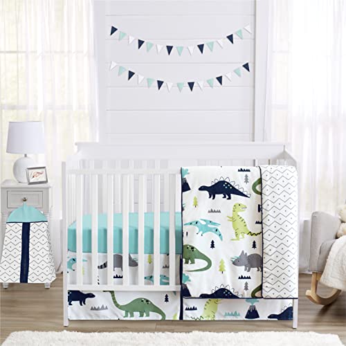 Image of Sweet Jojo Designs Navy Blue and Green Modern Dinosaur Baby Boys or Girls 4 Piece Crib Bedding Set for Mod Dino Collection