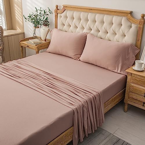 PURE ERA Jersey Knit 4pc Bed Sheet Set 100% T-Shirt Cotton Super Soft Comfy Breathable Fits Mattress Up to 20" Extra Deep Pocket (Solid Petal Pink, Cal King)