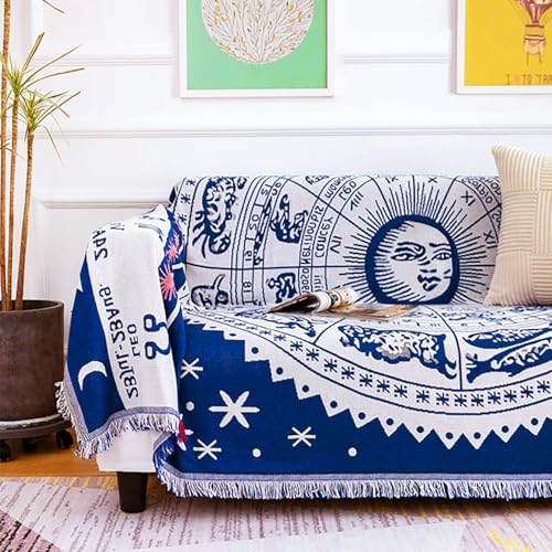 MayNest Boho Woven Throw Blanket Reversible Cotton Bohemian Tapestry Hippie Room Decor Witchy Astrology Zodiac Celestial Constellation Carpet Bed Chair Couch Sofa Cover Double Sided (Blue, XL: 98x91)