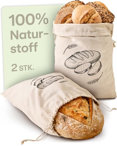 Praknu Brotbeutel Leinen 2er Set – Hält Brot länger frisch – Brotsack 30x40cm aus dickem Stoff– 2x Wiederverwendbare Brottaschen für Brot & Gebäck