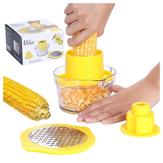 Beaverve Corn Stripper, 4 in 1 Corn Shucker Tool Corn Holder, Corn Stripping Tool Corn Cutter & Remover with Built-In Measuring Cup Grater, Corn Kernel Remover Ginger Grater, No Electricity No Noise